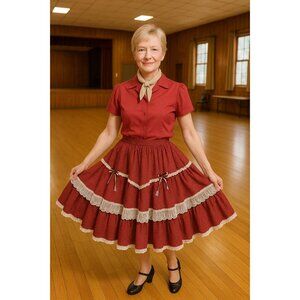 TDS Designs Burgundy Square Dance Skirt Diagonal  Lace Ruffle Western Two Step